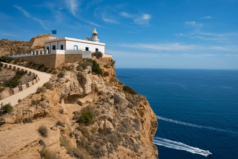 Albir Lighthouse above the rocky Mediterranean coast