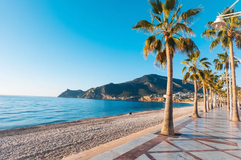Palm-lined promenade beside the beach and Mediterranean Sea in Altea